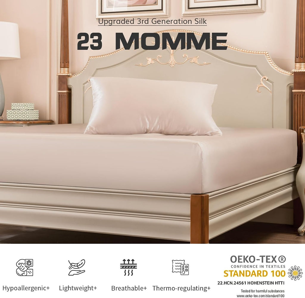 PROMEED 100% Mulberry Silk Queen Size Fitted Sheet ONLY, Premium 23 Momme Real Silk Bottom Bed Sheet 1pc with 16-Inch Deep Pocket (Champagne, Queen)