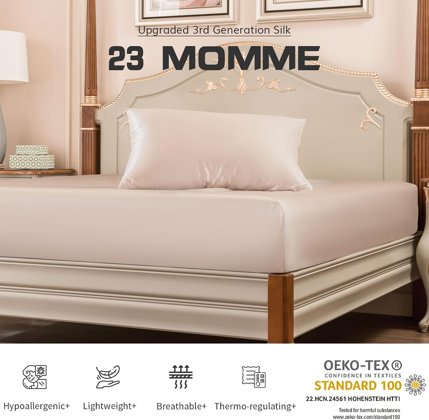 PROMEED 100% Mulberry Silk Queen Size Fitted Sheet ONLY, Premium 23 Momme Real Silk Bottom Bed Sheet 1pc with 16-Inch Deep Pocket (Champagne, Queen)