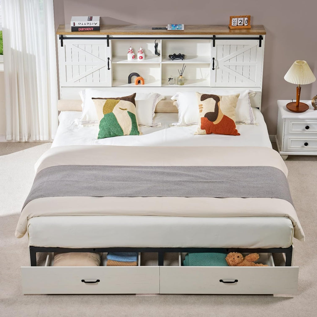 VanAcc Farmhouse King Bed Frame, Wooden Platform Storage Bed with 51.2' Bookcase Headboard, 2 Drawers, Charging Station/No Box Spring Needed/Noise Free, White