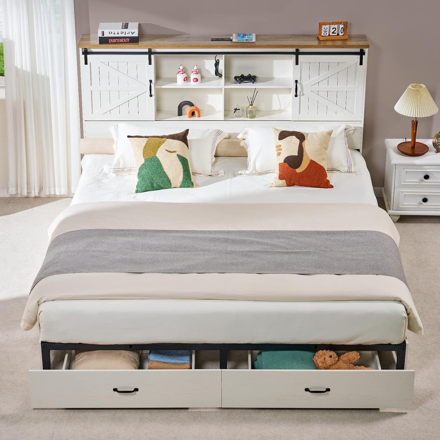 VanAcc Farmhouse King Bed Frame, Wooden Platform Storage Bed with 51.2' Bookcase Headboard, 2 Drawers, Charging Station/No Box Spring Needed/Noise Free, White