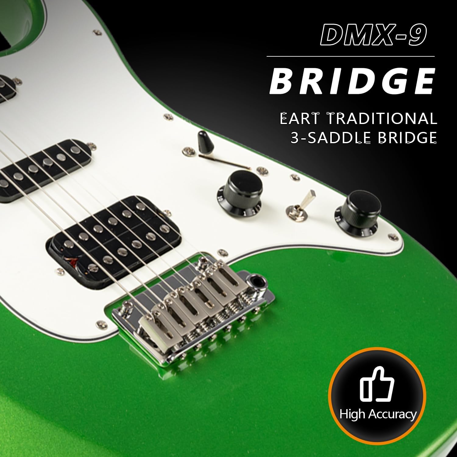 EART Electric Guitar DMX-9, 6 String Tremolo Bridge, Humbucker Pickups, Solid Body, 5-Way Switch Guitars (Gloss Pearl Green)