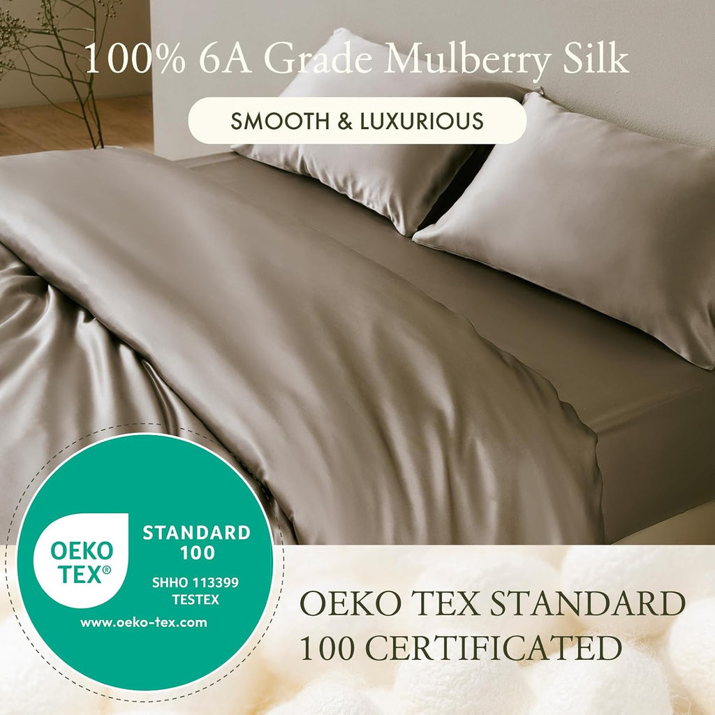 LILYSILK 3 Piece 100 Silk Fitted Sheets Set, 2 Terse Pillowcases, 16' Deep Pockets, Luxury Soft Premium 19 Momme Mulberry Silk (Silvergray, Queen)
