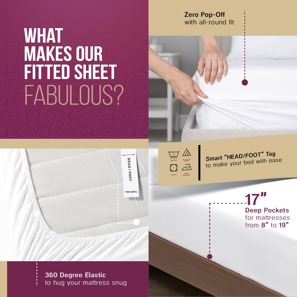 TEXAS LINEN CO. 100% Egyptian Cotton Queen Sheets Set - Luxury 1200 Series Star Sleepin' Damask Egyptian Cotton Sheets Queen Size (4 PC, White Stripe), 17' Deep Pocket, Cooling Sateen Hotel Bedding