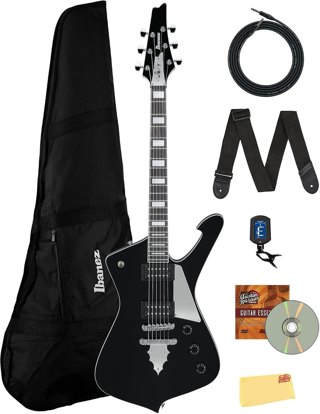 Ibanez PS60 Paul Stanley Electric Guitar - Black Bundle with Gig Bag, Tuner, Instrument Cable, Picks, Austin Bazaar Instructional DVD, and Polishing Cloth