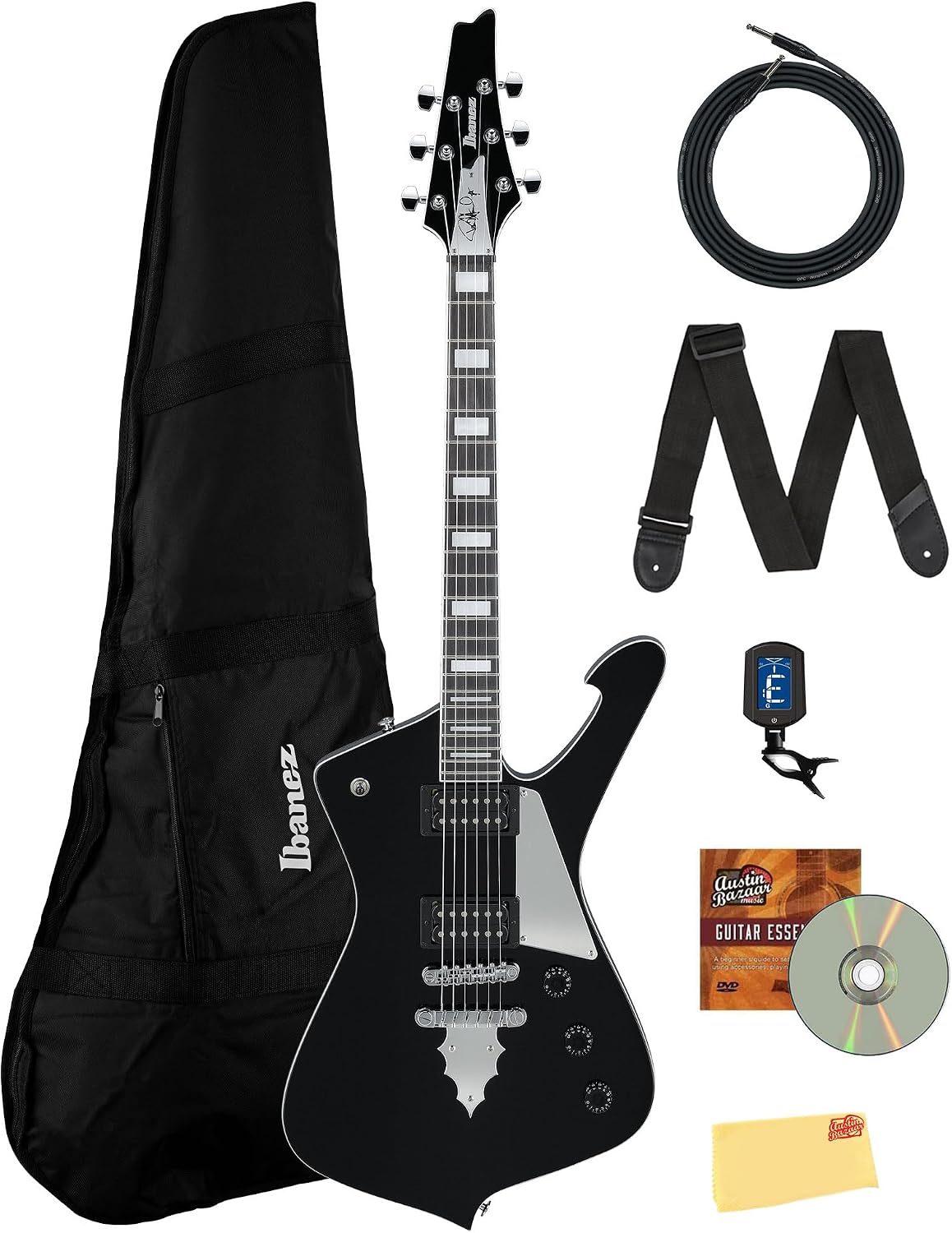 Ibanez PS60 Paul Stanley Electric Guitar - Black Bundle with Gig Bag, Tuner, Instrument Cable, Picks, Austin Bazaar Instructional DVD, and Polishing Cloth