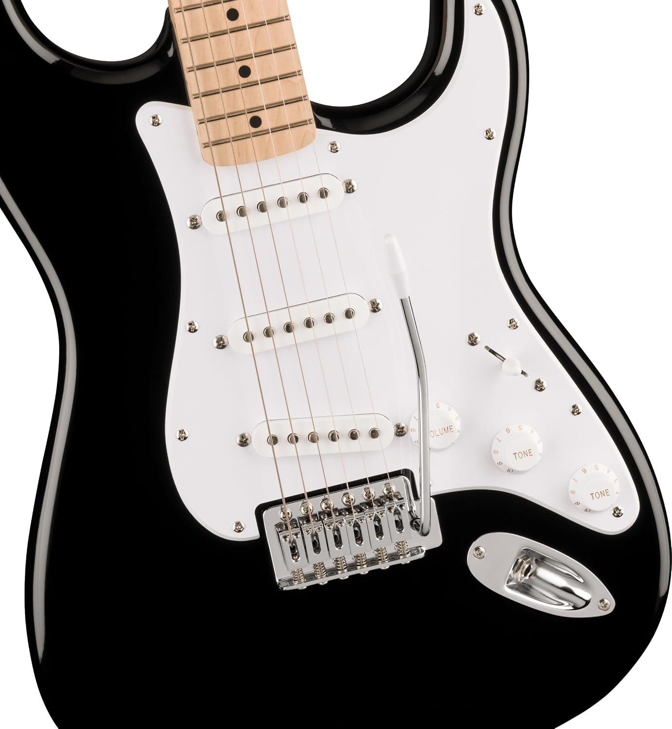 Squire Sonic Stratocaster Electric Guitar, Black, Maple Fingerboard, White Pickguard
