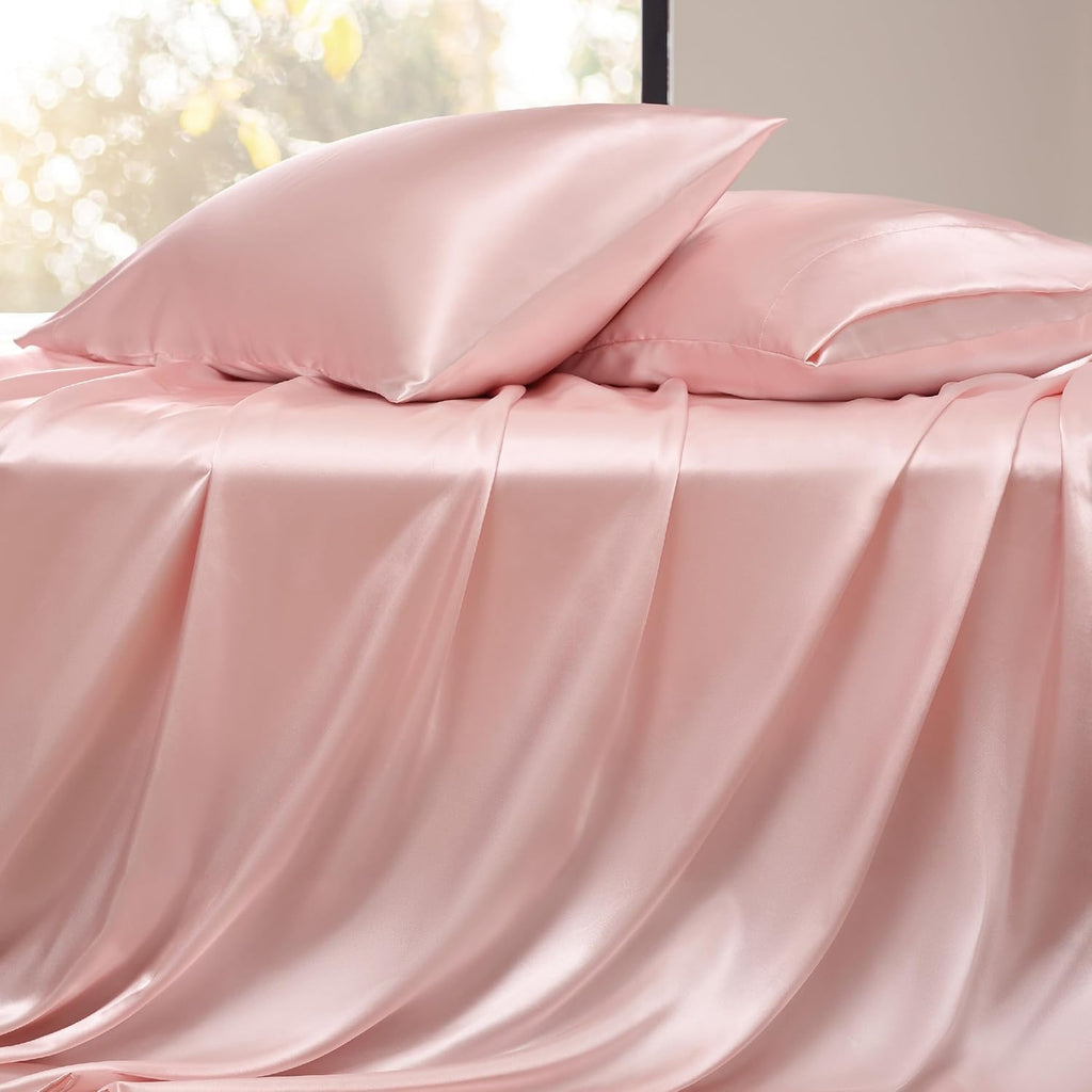 16 Momme 100% Mulberry Silk Bedding Set Full XL Size 4-Piece Luxury (2 Pillowcases, 1 Fitted Sheet, 1 Flat Sheet) - 6A Grade Natural Silk Fits 22-25' Deep Pocket (Solid, Light Pink)