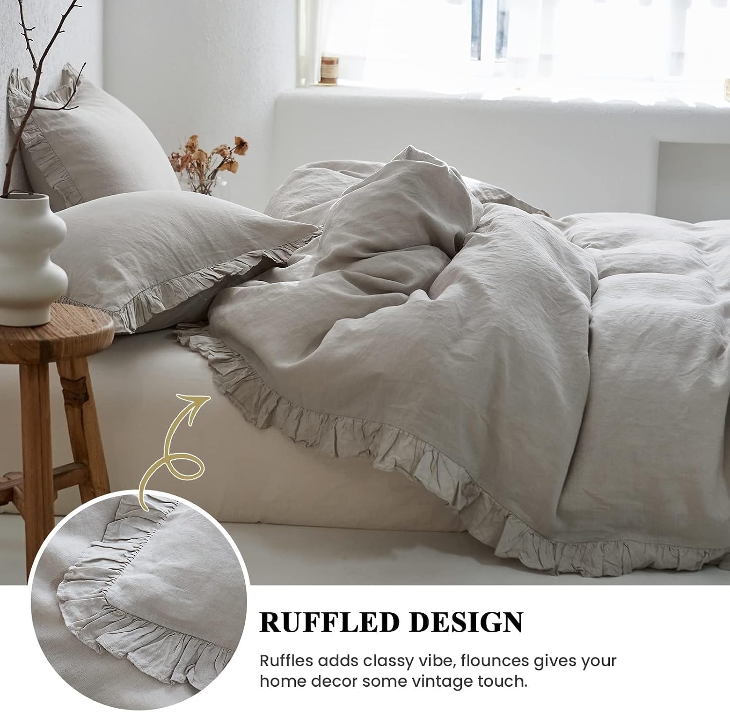 Simple&Opulence 100% Linen Duvet Cover Set, 3 PCS Natural French Flax Light Grey Ruffle Duvet Cover King Size, Breathable Comfy Linen Bedding Comforter Cover with 2 Pillowcases(Light Grey, 104'X 92')
