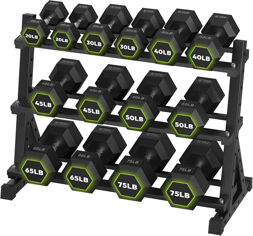 HANDBODE Hex Dumbbell Set with Rack, 300-840 lb Rubber Coated Fixed Weights Sets with Heavy Duty Storage Stand, Hexagon Shape, Multiple Weight Options Home Gym Equipment for Strength Training