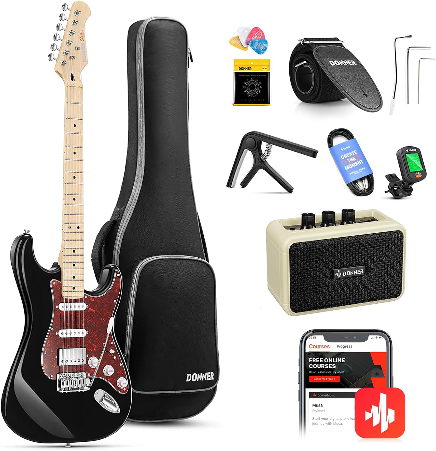 Donner, DST-152B 39' Electric Guitar Kit HSS Pickup Coil Split with Amp, Bag, Accessories, Black Solid Body Guitarra Electrica