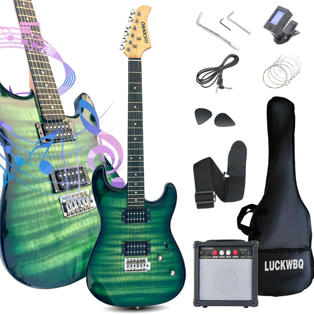 39' Full Size ST Style Electric Guitar Starter Kit with HH Pickup, 20W Portable Amp, Tuner, Gig Bag, Strap & Accessories(Green Flame)
