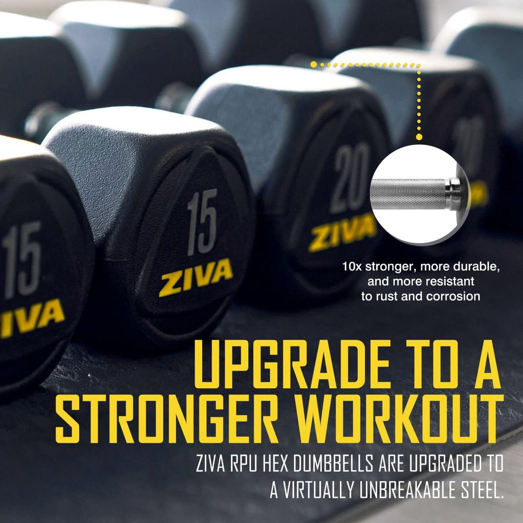 ZIVA Premium Hex Dumbbells – Commercial Grade Rubber Urethane Coated Free Weights for Strength Training, Weightlifting, Home Gym – Durable Steel Core – Sold in Pairs and Sets