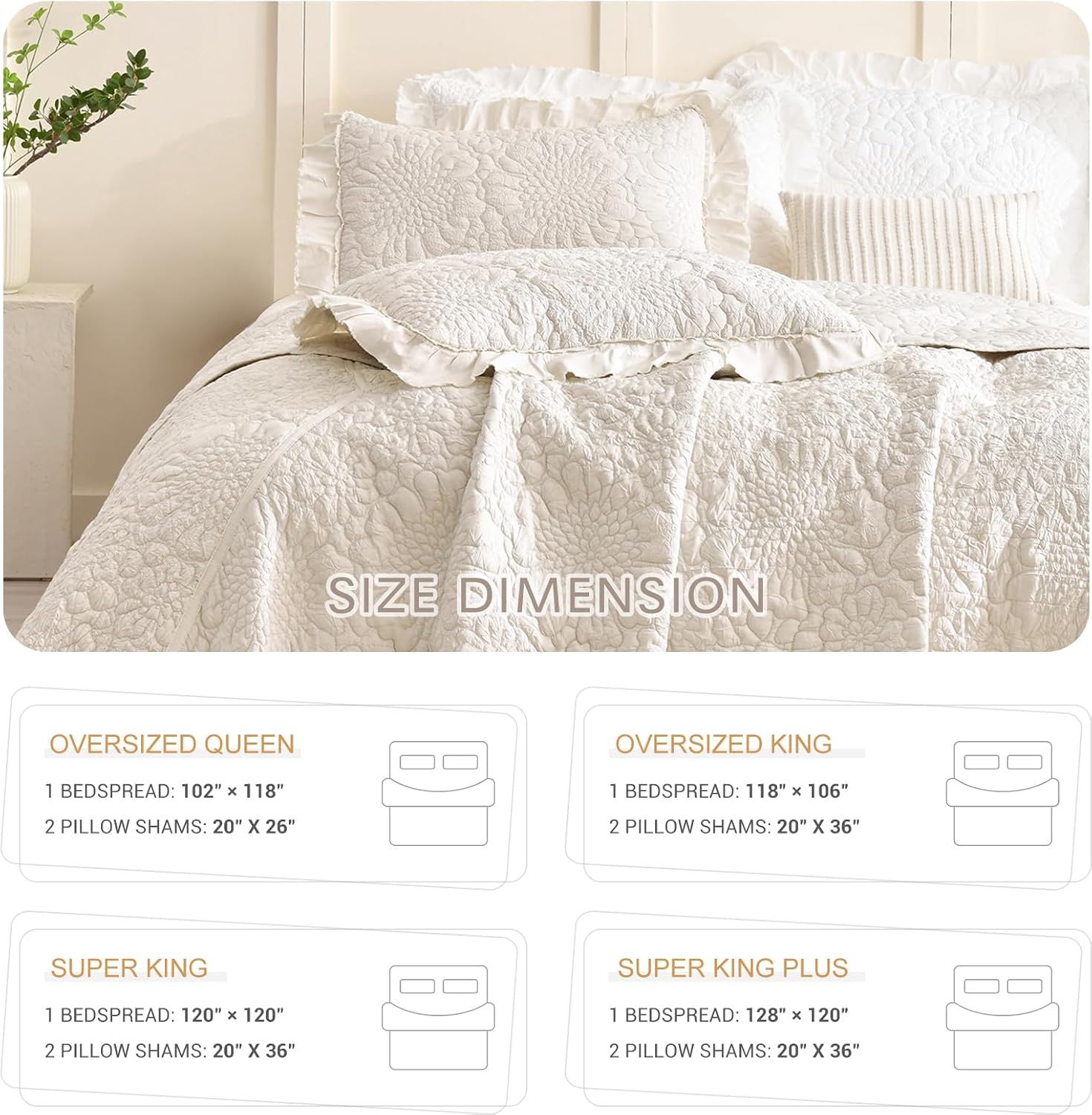 Lady Ann Wheat Quilt Sets Queen 102x118,Stone-Washed Lightweight Ruffle Coverlet, 3Pcs Quilted Crinkled Shabby Bedspread Set Farmhouse Rustic Bedding Set for All Season
