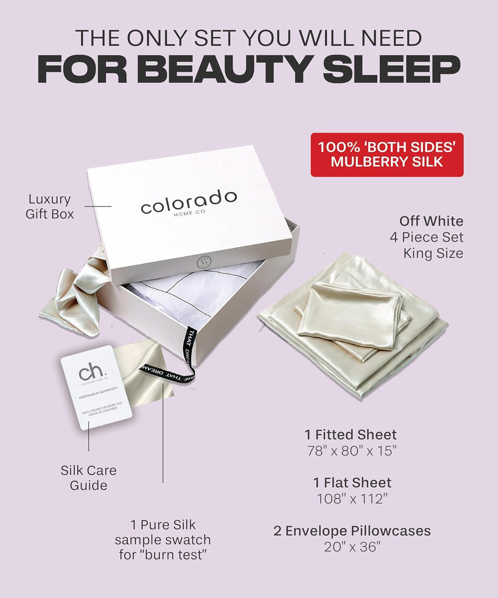 Colorado Home Co SUNDAYSILKS | 100% Mulberry Silk Bed Sheets | King Size | 4PC Set | Soft & Durable | Grade 6A Organic Real Silk | Off White