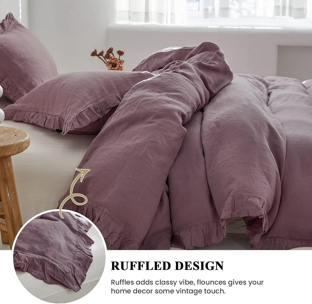Simple&Opulence 100% Linen Duvet Cover Set, 3 PCS Natural French Flax Purple Ruffle Duvet Cover King Size, Breathable Comfy Linen Bedding Comforter Cover with 2 Pillowcases (Purple, 104' X 92')