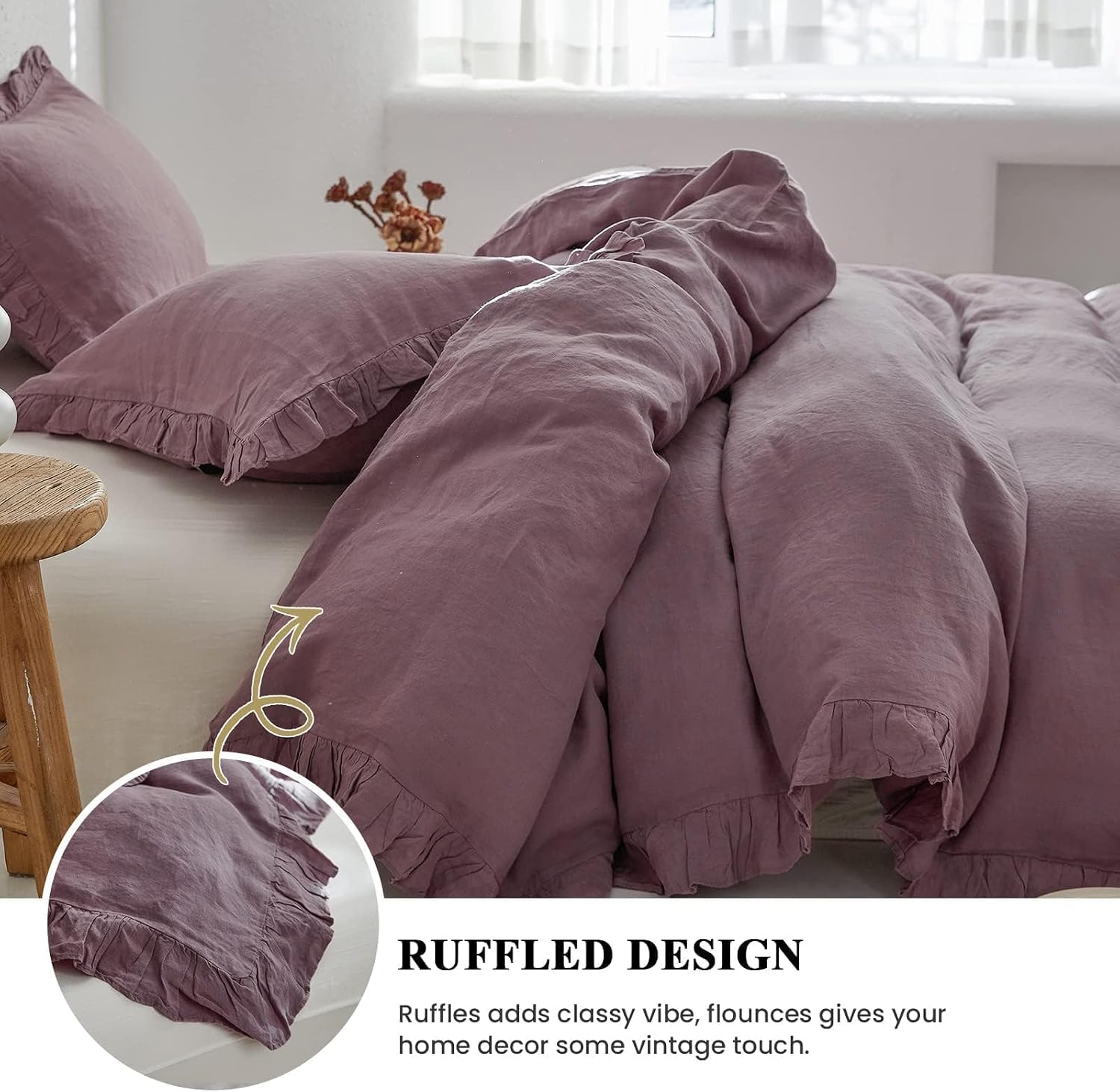 Simple&Opulence 100% Linen Duvet Cover Set, 3 PCS Natural French Flax Purple Ruffle Duvet Cover King Size, Breathable Comfy Linen Bedding Comforter Cover with 2 Pillowcases (Purple, 104' X 92')