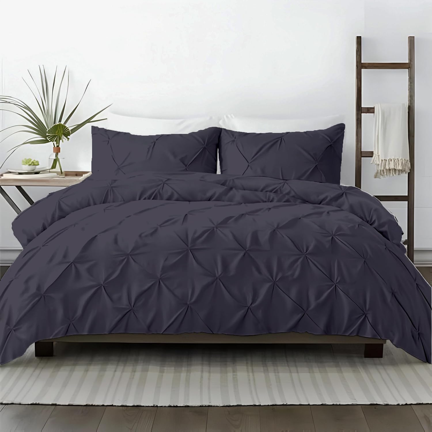 Kotton Culture 120'x 120' 3 Pc Super King Plus Pinch Pleated - Pintuck Duvet Cover Set - 100% Egyptian Cotton 600 TC - Zipper Closure & 7 Internal Ties- Fits Extra Large King Inserts - Dark Grey