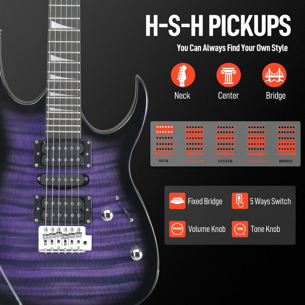 Ktaxon 39' Electric Guitar with 5Watt Amp, Full Size 170 Model Starter Guitar Kit for Beginners & Professionals W/Bag, Shoulder Strap, Wrench Tool, Plectrum - Tiger Purple
