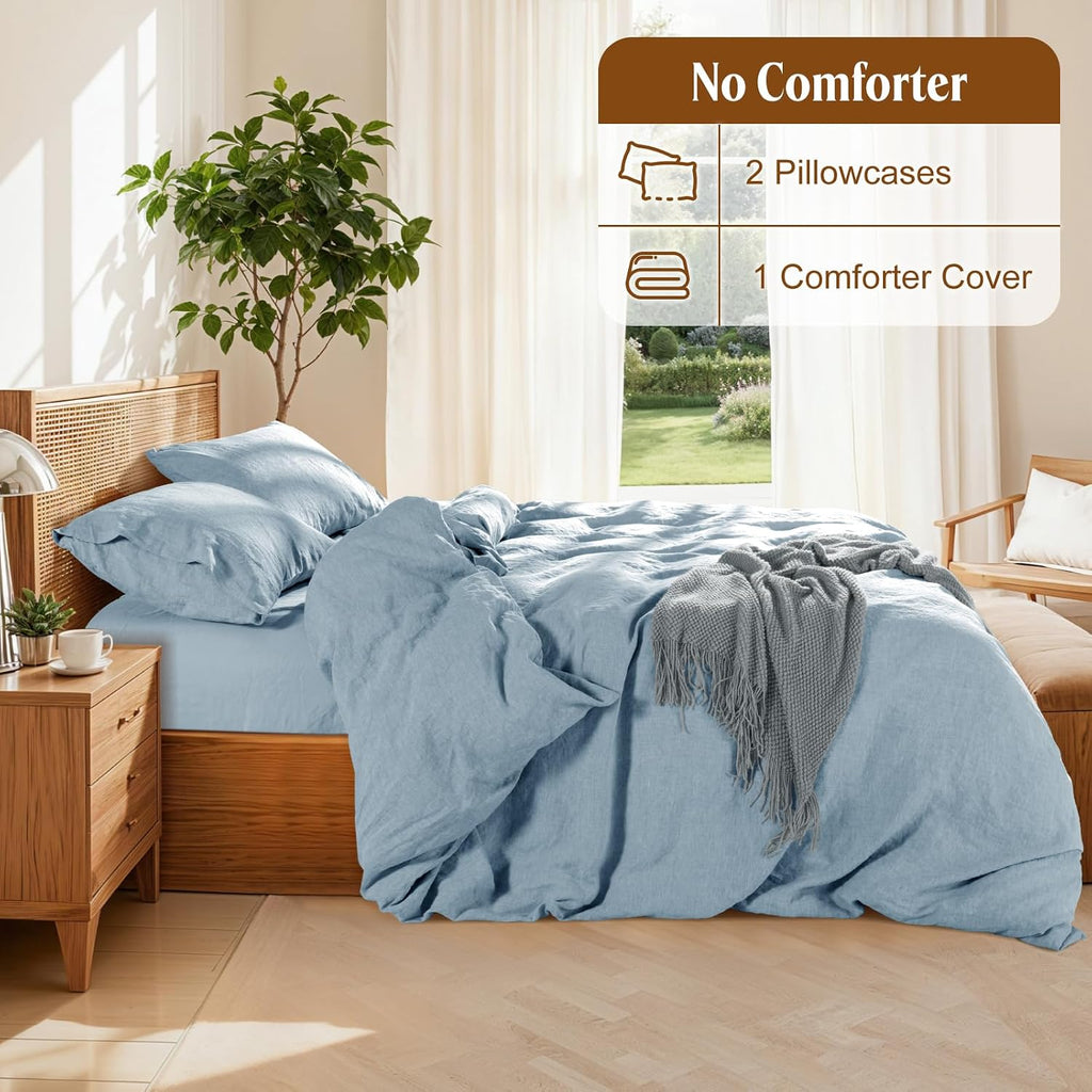 LBRO2M 100% France Linen Duvet Cover Set 3 Pcs Including 1 Flax Comforter Cover with Zipper Closure, 2 Pillowcase, Cozy Duvet Cover Queen Size, Dusty Blue