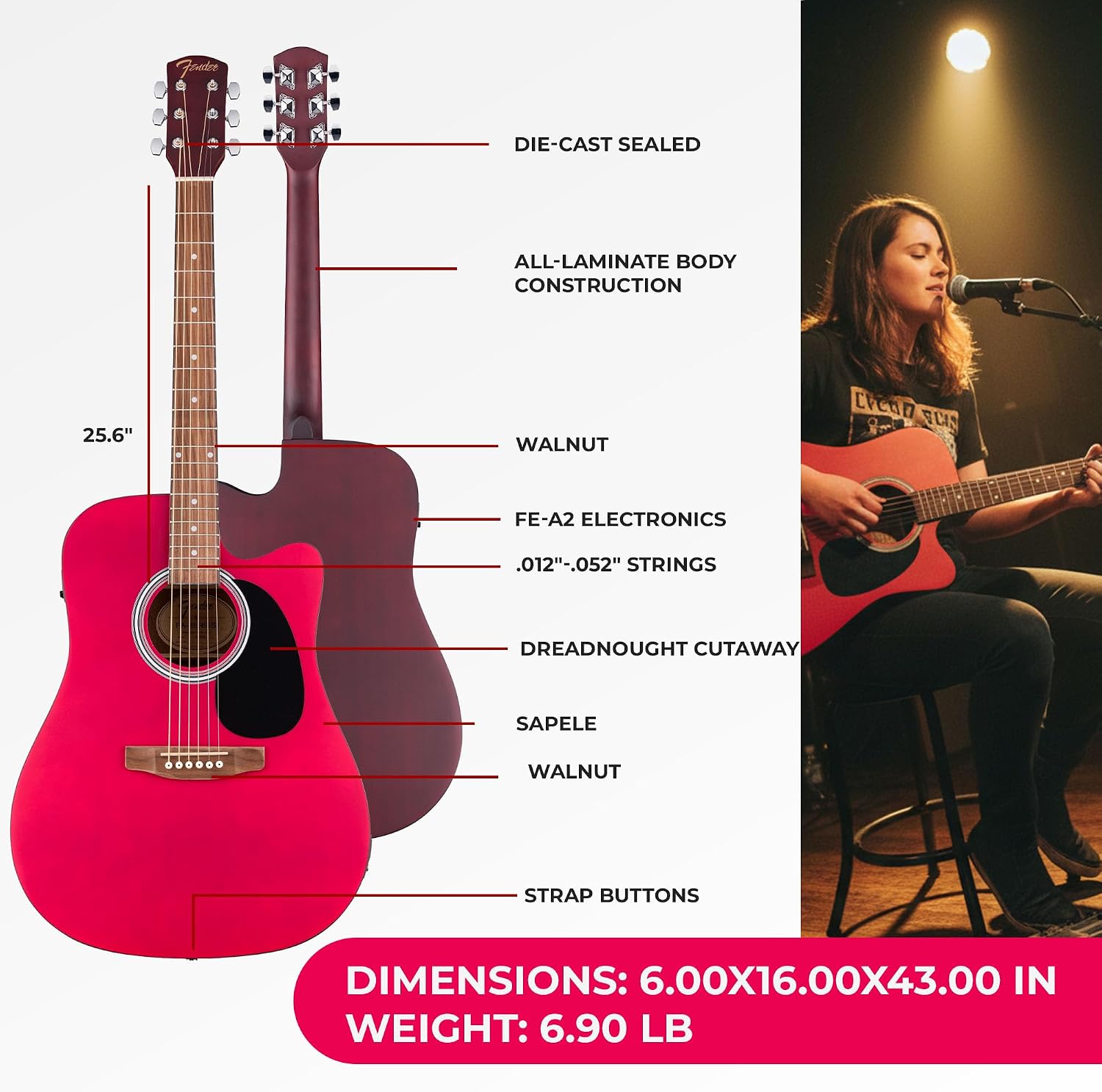 Fender FA Series Dreadnought Acoustic-Electric Guitar - Crimson Red