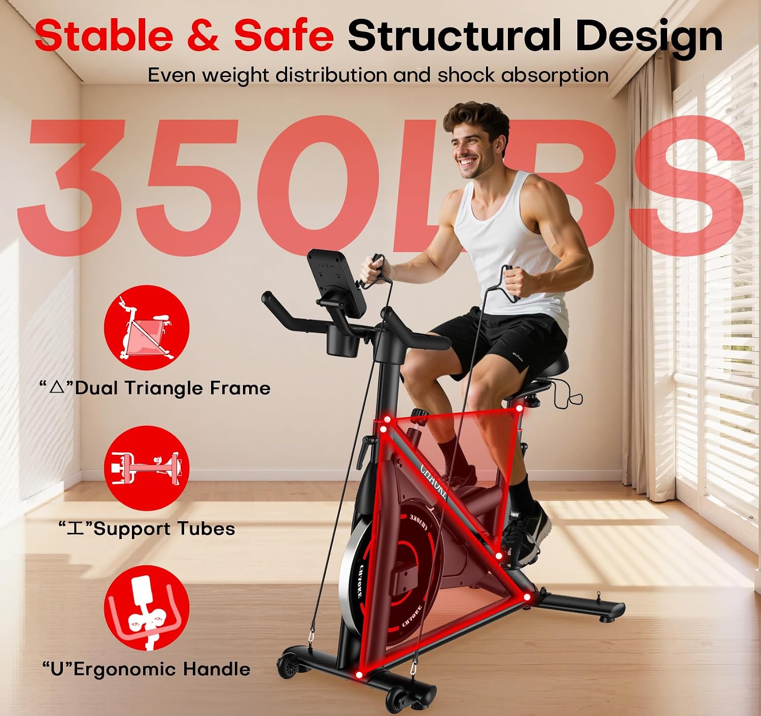 Exercise Bike, CHAOKE Quiet Adjustable Magnetic Resistance Stationary Bike for Home Cardio with App Compatible, 350LB Weight Capacity Indoor Cycling Bike with Comfortable Seat & Digital Display