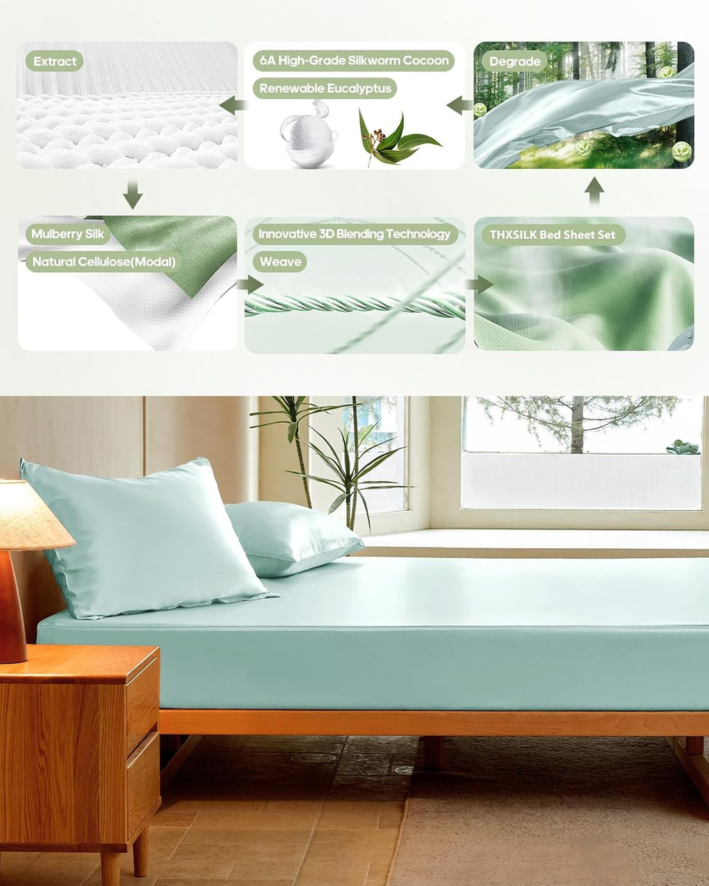 THXSILK Silk Sheet Set 3 Pcs, Full Size Sheet Set, Soft Breathable Bed Sheets with 1 Fitted Sheet, 2 Pillowcases with Zipper Closure, Cooling for Hot Sleeper, Light Blue