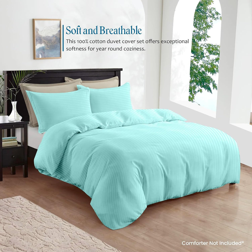 800TC 3 Sided Zipper Duvet Cover Set Soft Egyptian Cotton 3 Sided Zipper Closure, 3 PCS 1-Duvet Cover & 2- Pillow Shams - King-XL Size (98' x 116') Inches, (Aqua Blue Stripe)