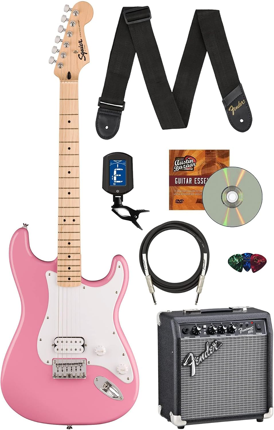 Fender Squier Sonic Stratocaster HT H - Flash Pink Bundle with Frontman 10G Amp, Tuner, Strap, Cable, Picks, and Austin Bazaar Guitar DVD