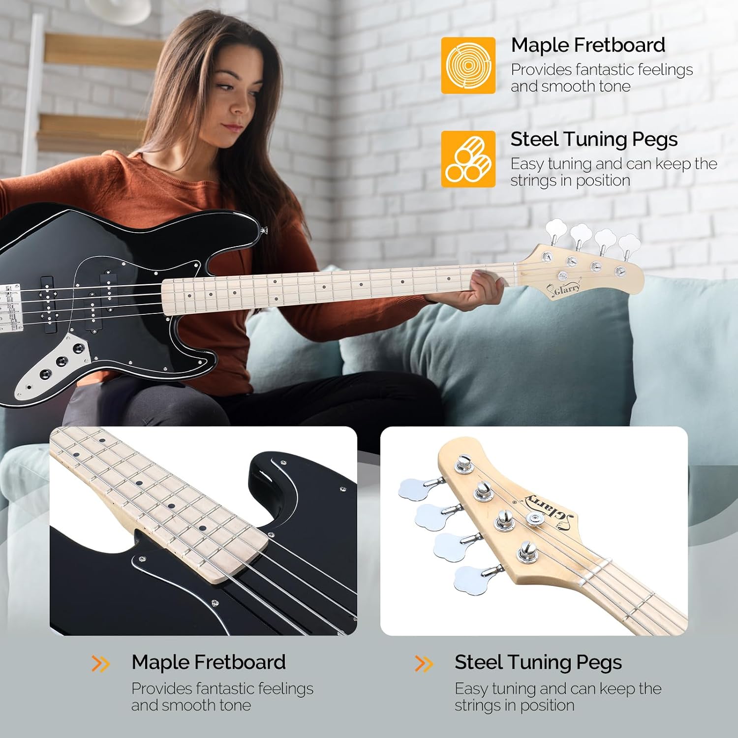 GLARRY Bass Guitar Full Size 4 String Exquisite Stylish Bass with Guitar Bag Power Line and Wrench Tool (Blue, With AMP)
