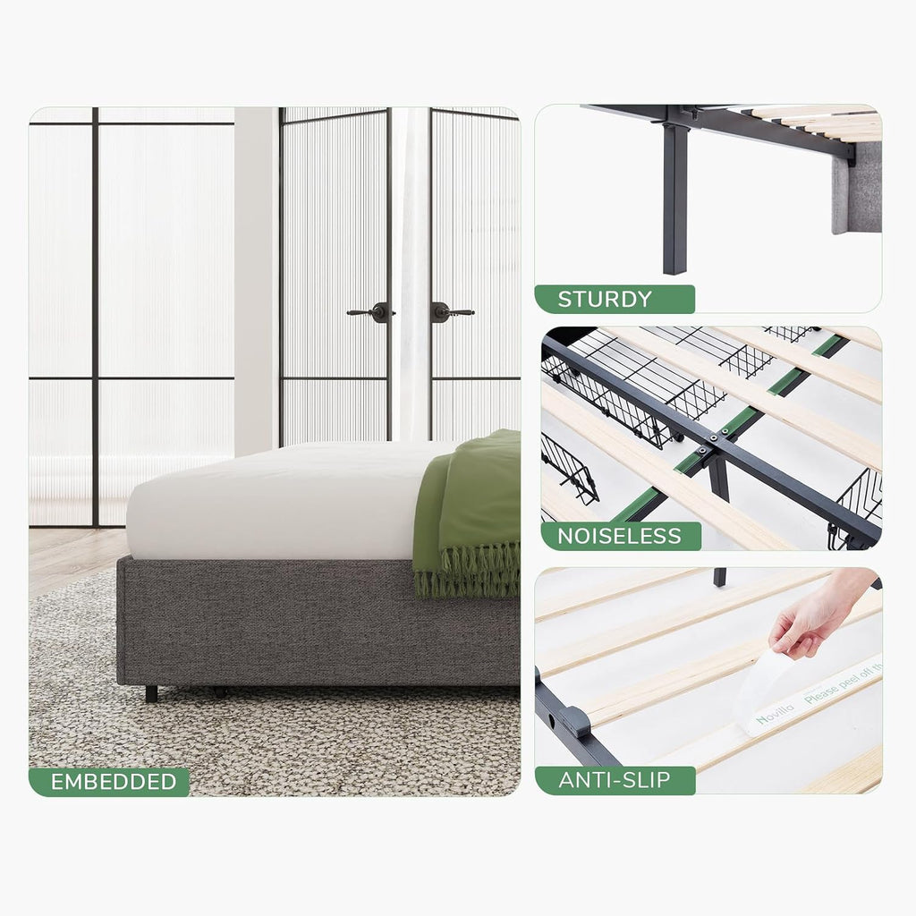 Novilla Queen Size Bed Frame Platform with 4 Storage Drawers and Fabric Upholstered Headboard, Strong Wooden Slats, Non-Slip and Noise-Free Queen Bed Frame, Easy Assembly, Grey
