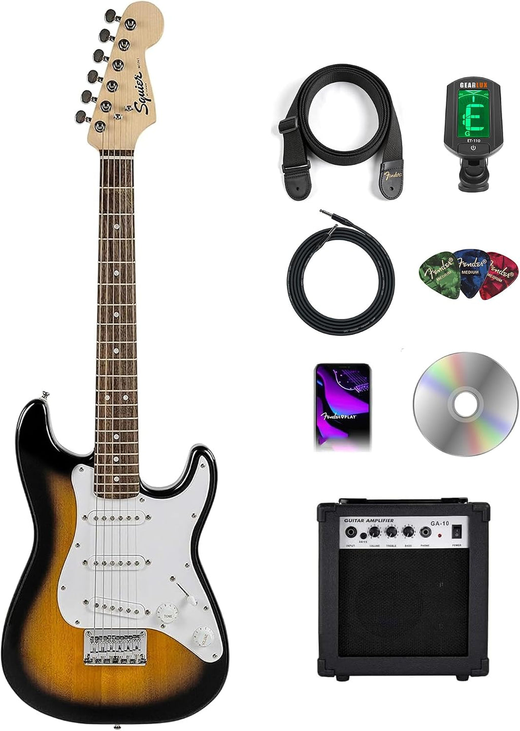 Fender Squier 3/4-Size Kids Mini Strat Electric Guitar - Brown Sunburst Bundle with Amplifier, Cable, Tuner, Strap, Picks, and Austin Bazaar Instructional DVD