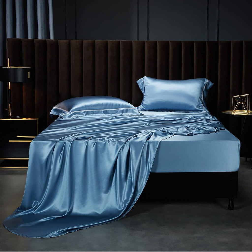 YOUR MOON 100% Mulberry Silk Sheets Set King Size 4 Pcs, 25 Momme Mulberry Silk Bed Sheets, Ultra Soft Luxury Bedding Sets, 1 Fitted Sheet, 1 Flat Sheet, 2 Pillow Shams (Blue Stream)