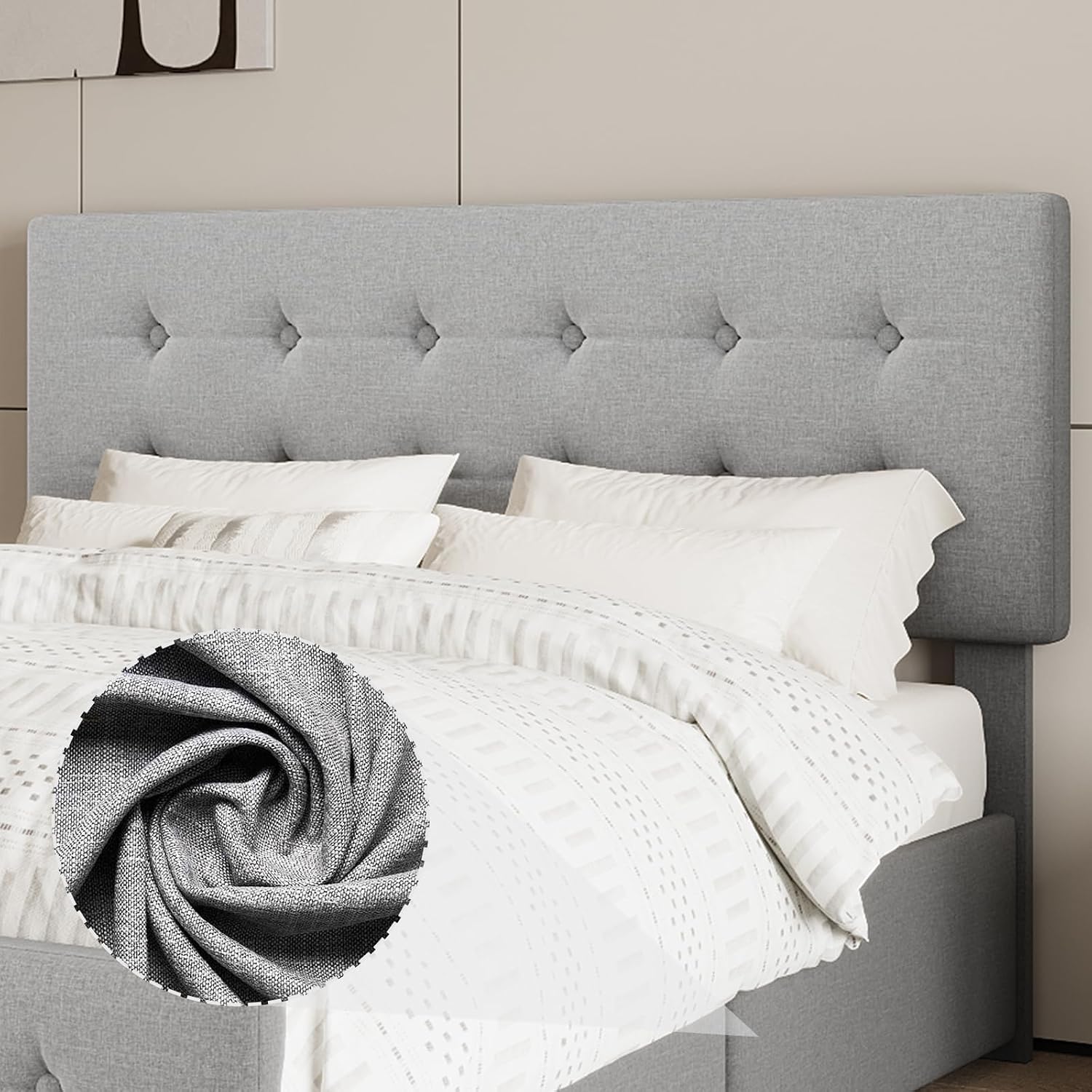 Full Size Platform Bed Frame with 4 Storage Drawers & Headboard, Faux Leather Upholstered, Button Tufted Design, Wooden Slats Support, Noise-Free Mattress Foundation, No Box Spring Needed, Light Grey