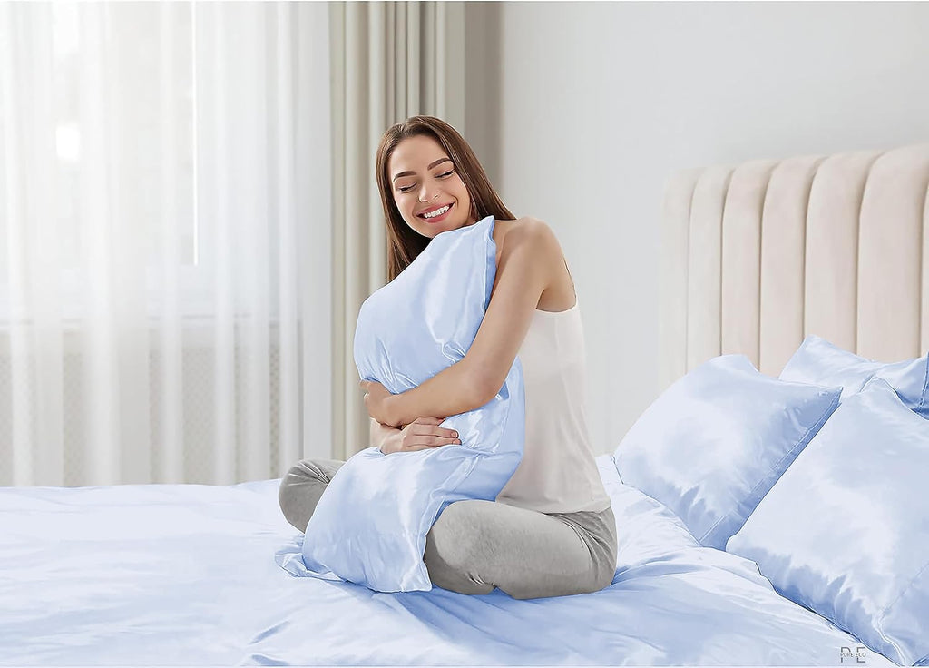 6 Piece Mulberry Silk Sheet Set Queen Size (60x80)+ Upto 16 Inch Deep Pocket Light Blue Color Smooth Soft and Silk Bed Sheets Queen Size Bedding Set