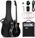 GLARRY Full Size Acoustic Electric Bass Guitar Beginner Kit w/ 15W Amp, Cutaway 4 Strings Electric Acoustic Bass Guitar w/Inbuilt Tuner, Bag, Strap, Picks, Strings, Bass Guitarra，Matte Black