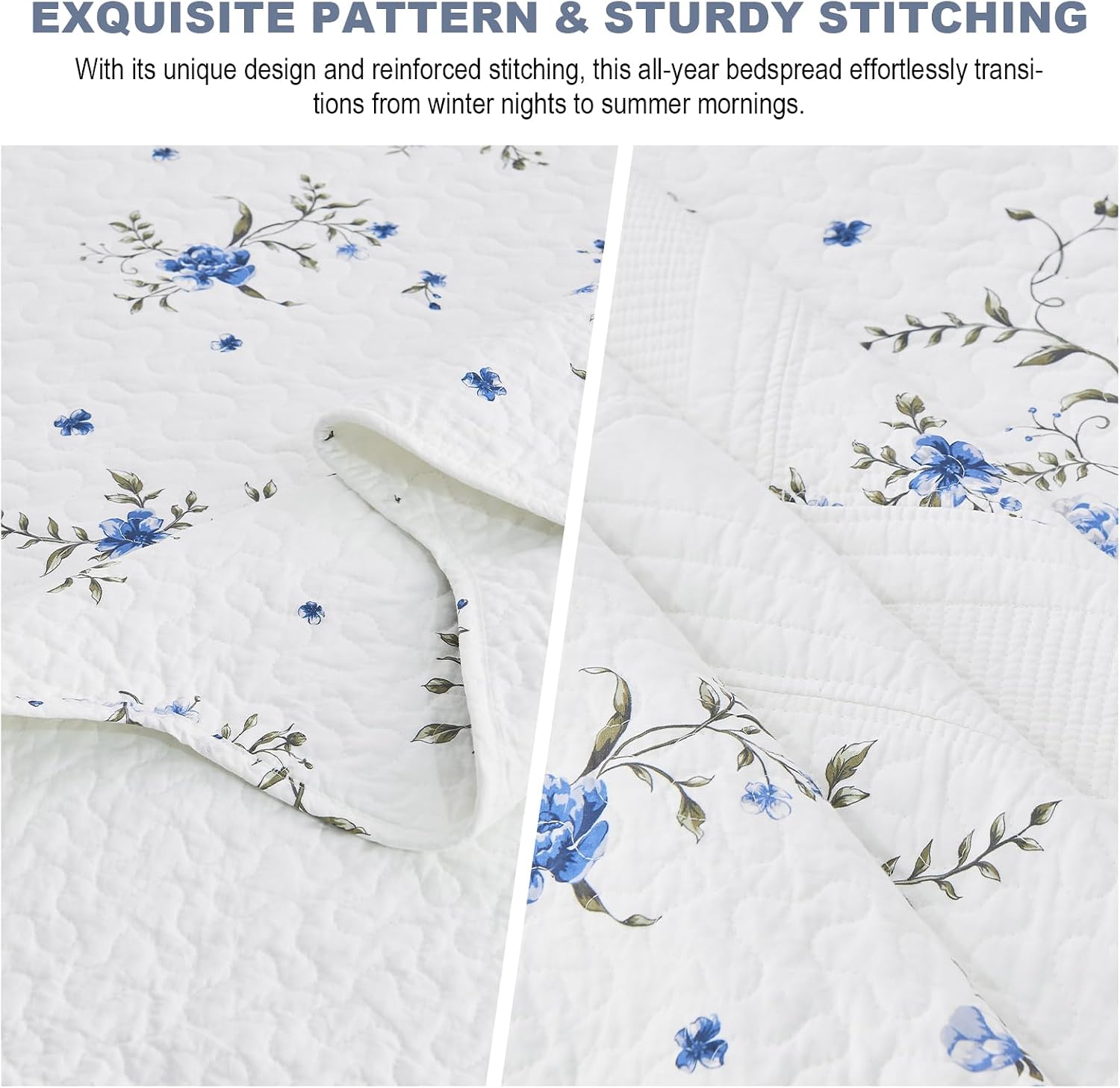 Floral Bedspreads King Size Extra Large, 120x120 Oversized Quilt Bedspread Coverlet, 100% Cotton Blue and White Bedding Set with Shams, Lightweight Soft Quilted Thin Comforter, 3 Piece