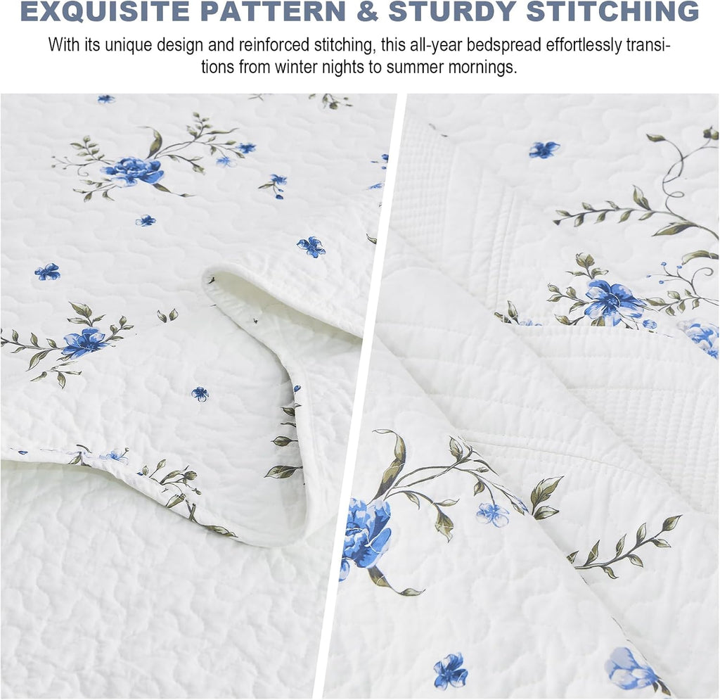 Floral Bedspreads King Size Extra Wide, 128x120 Oversized Quilt Bedspread Coverlet, 100% Cotton Blue and White Bedding Set with Shams, Lightweight Soft Quilted Thin Comforter, 3 Piece