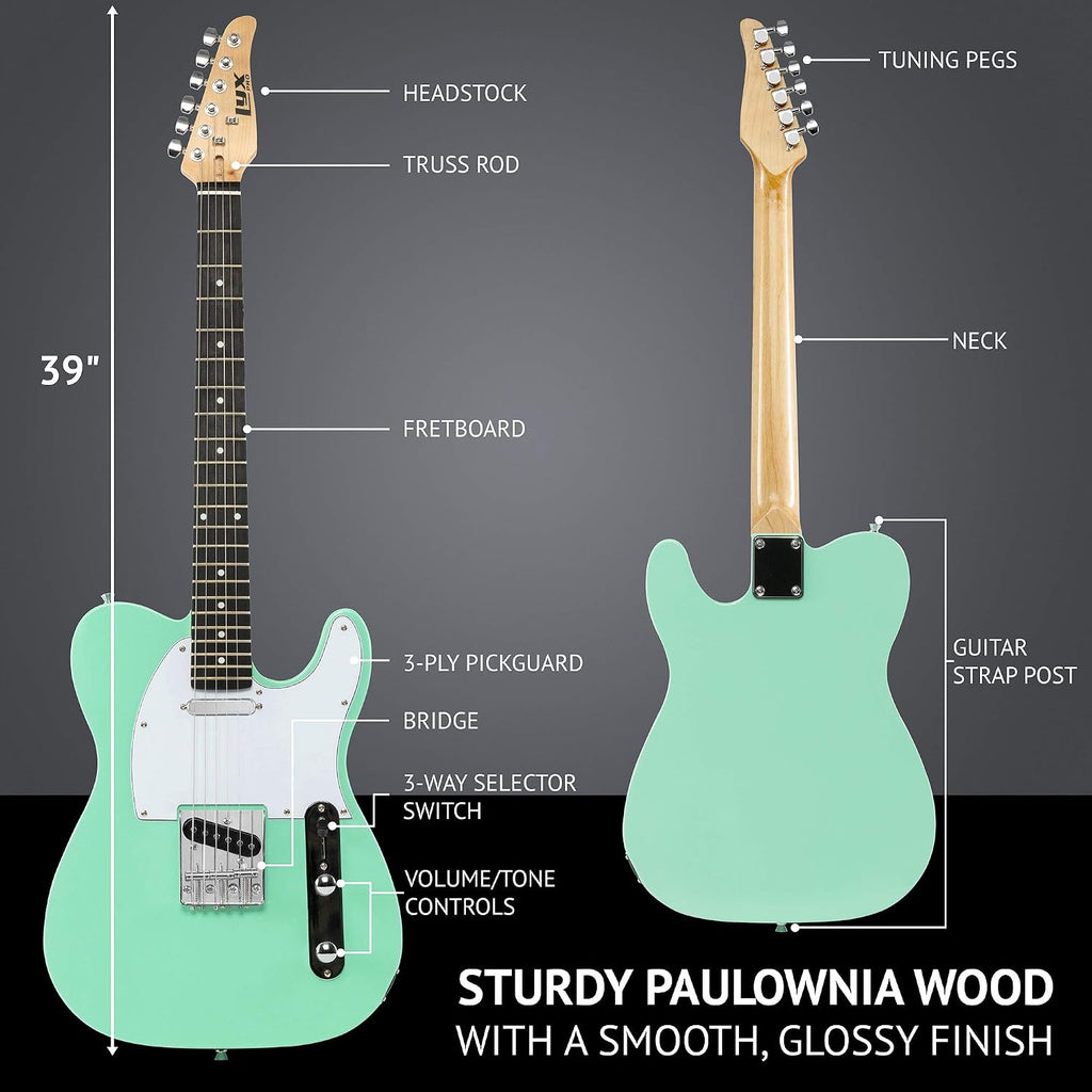 LyxPro 39' Electric Guitar TL Series, Full-Size Paulownia Wood Body, 3-Ply Pickguard, C-Shape Neck, Ashtray Bridge, Quality Gear Tuners, 3-Way Switch & Volume/Tone Controls, 2 Picks Included, Green