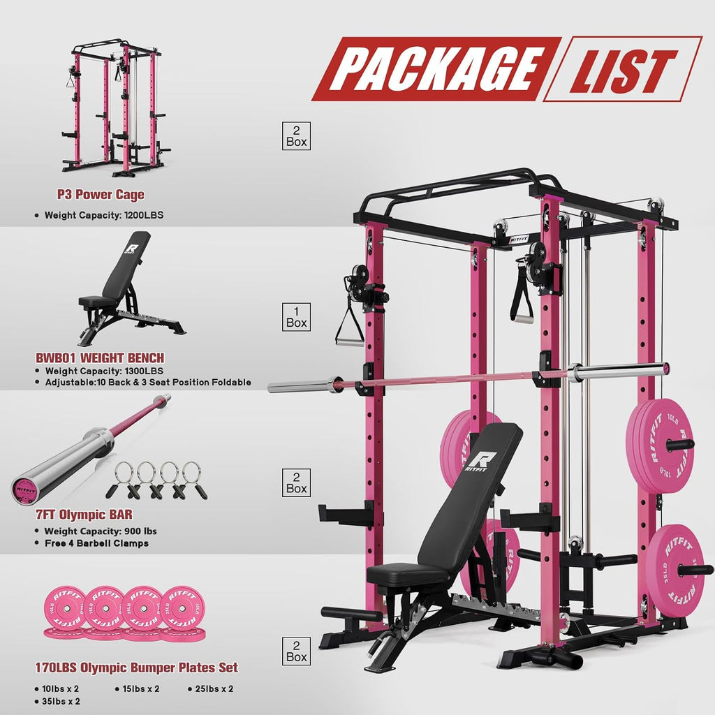 RitFit Multi-Function Garage & Home Gym Package Includes 1200LBS Power Cage PPC03/P3 with Cable Crossover System, Weight Bench, Olympic Barbell Weight Set, Full Body Workout