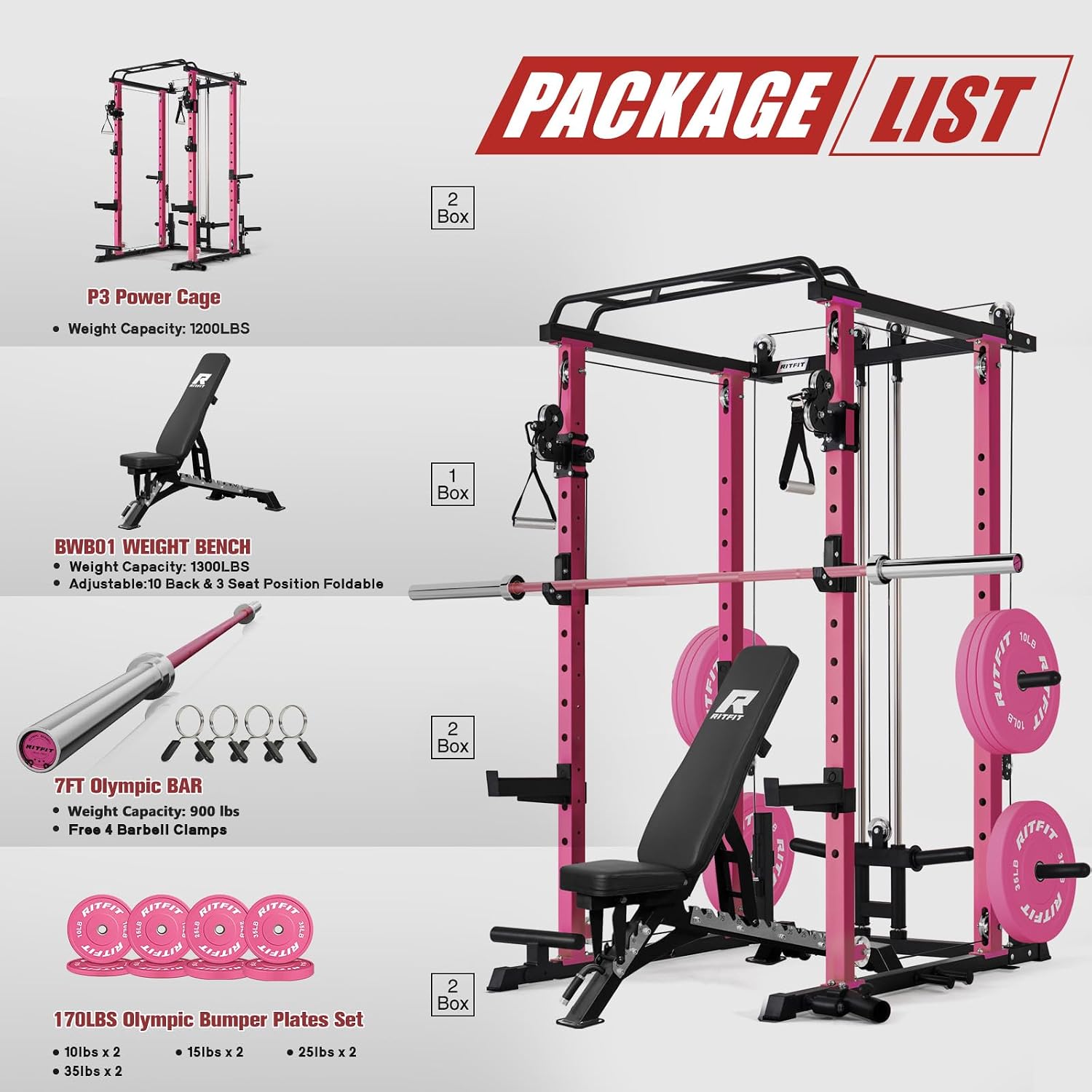 RitFit Multi-Function Garage & Home Gym Package Includes 1200LBS Power Cage PPC03/P3 with Cable Crossover System, Weight Bench, Olympic Barbell Weight Set, Full Body Workout
