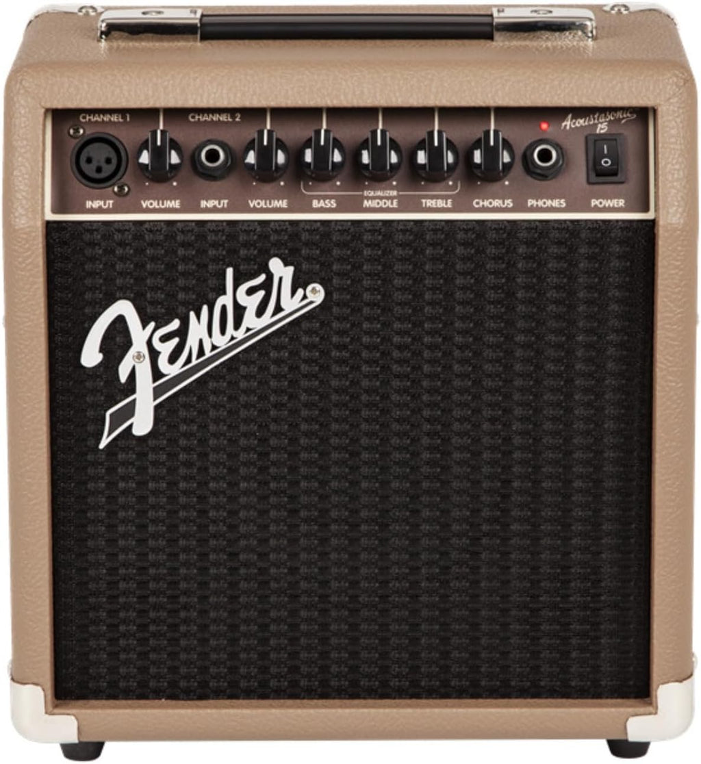 Fender Acoustasonic 15 Acoustic Guitar Amplifier, 15-Watt Portable Combo Amp with 6' Speaker, Instrument & Mic Channels, Chorus Effect, Brown/Wheat, with 2-Year Warranty