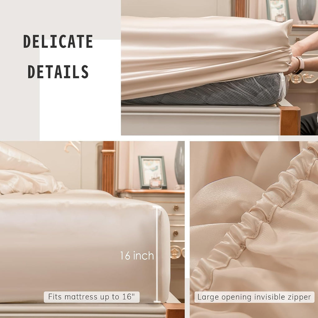 PROMEED 23 Momme Silk Deep Pocket Fitted Sheet ONLY King Size, High Grade 6A+ Mulberry Silk Cooling Bed Sheet, Fits up to 16-Inch Mattress (Champagne, King)