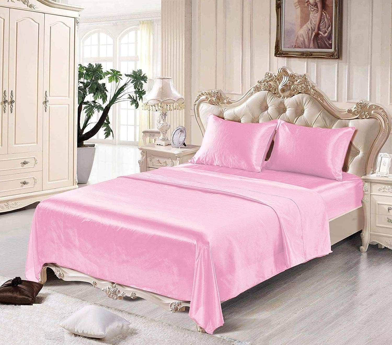 100% Mulberry Silk Sheet Set - 25 Momme Grade 6A, 21 Inch Deep Pocket, Luxurious Bed Sheets for Ultimate Comfort,Queen-Baby Pink