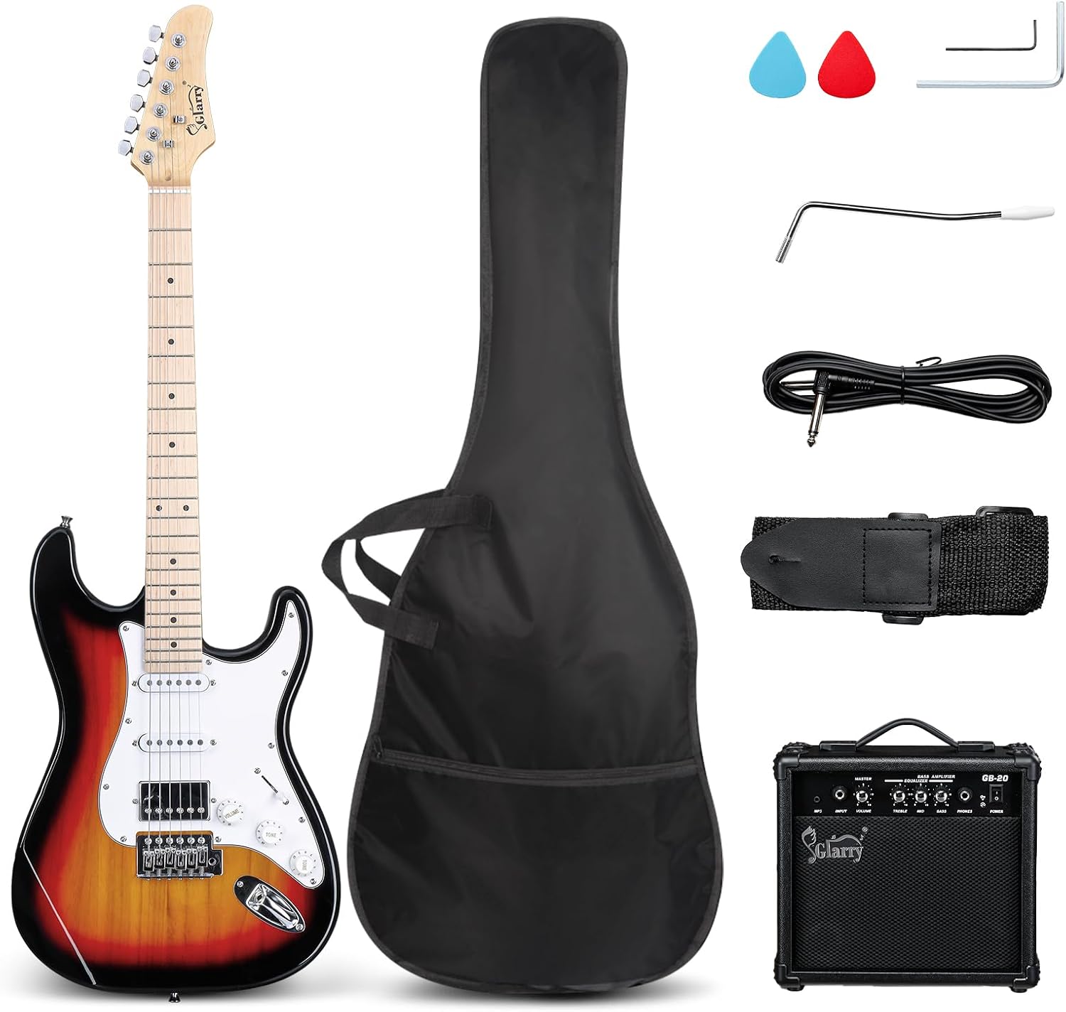 GLARRY Electric Guitar, 39' Full Size Electric Guitar Kit with HSS Pickup Coil Split for Beginner, 20W Amp and Accessories Pack Guitar Bag (Sunset)