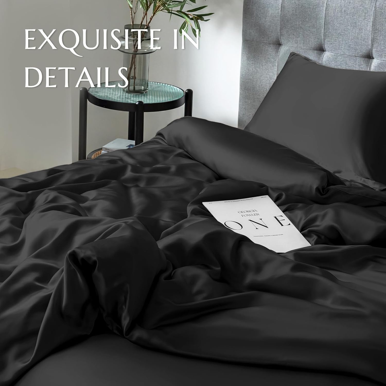 THXSILK Silk Duvet Cover, 100% 7A+ Mulberry Silk Comforter Cover, Seamless, Breathable, Easy Care Zipper Closure, 1 Duvet Cover Only - Queen, Black