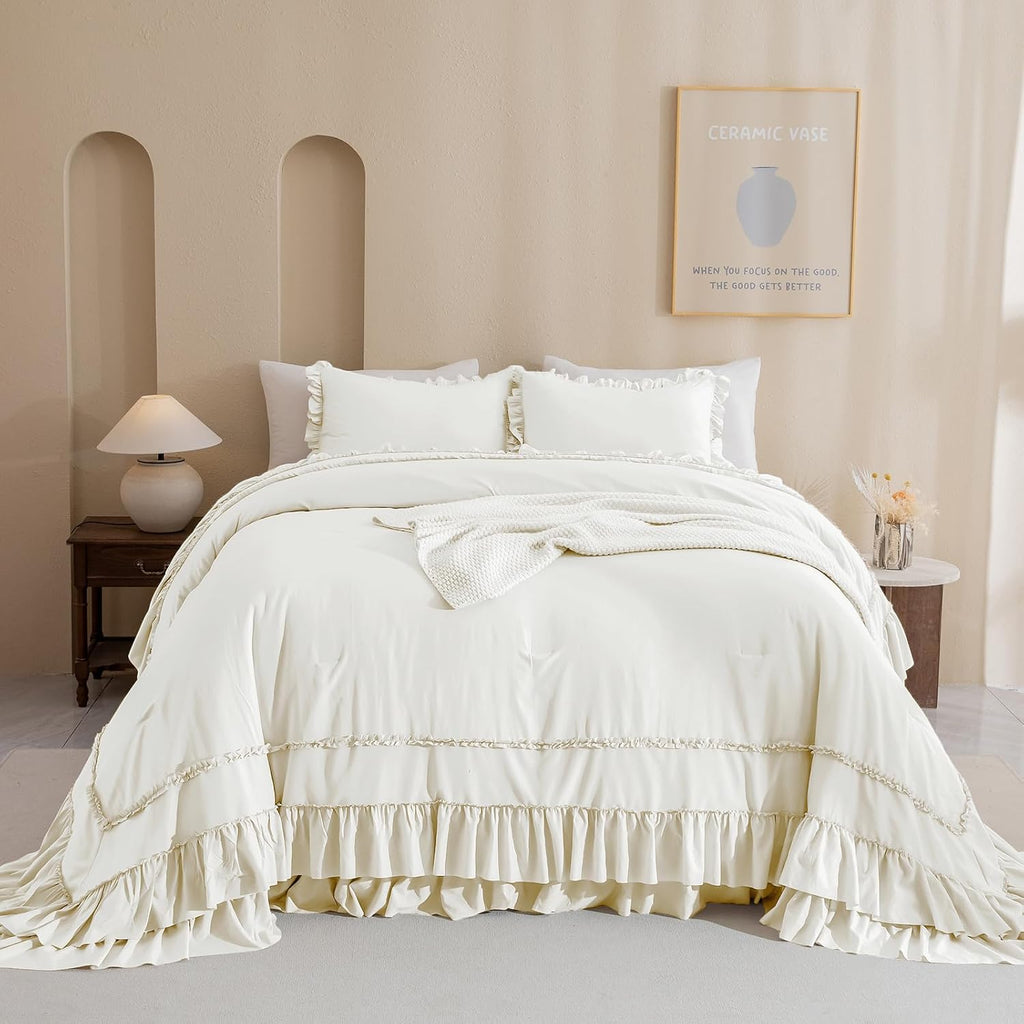 Masaca Oversized King Comforter 120x120,Farmhouse Shabby Boho Chic Ruffle California King Comforter Set French Country Rustic Bedding 3PCS (1 Ivory Ruffled Comforter+2 Pillow Shams)