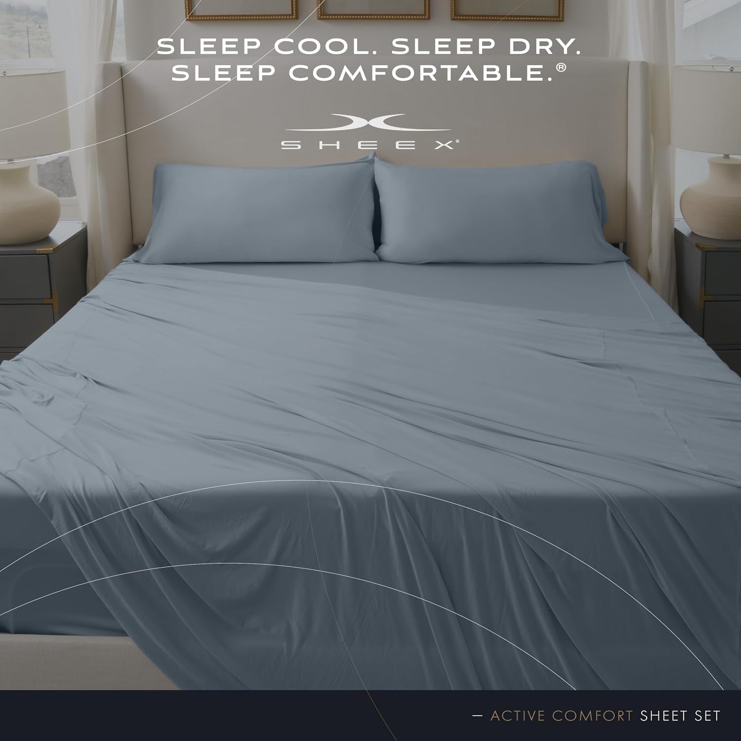 SHEEX - Active Comfort Cooling Sheets Set (Queen) Blue Sky - Moisture Wicking - 1 Flat Cooling Sheet, 1 Fitted Cooling Sheet, 2 Cooling Pillow Covers - Wrinkle Free - Sleep Aid