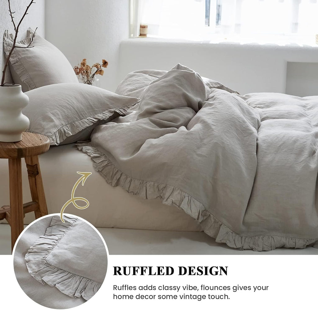 Simple&Opulence 100% Linen Duvet Cover Set, 3 PCS Natural French Flax Light Grey Ruffle Duvet Cover Queen Size, Breathable Comfy Linen Bedding Comforter Cover with 2 Pillowcases(Light Grey, 88' X 92')