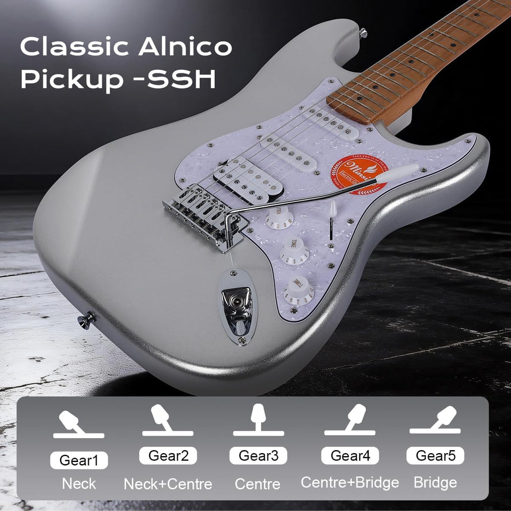Electric Guitar Kit -39in Solid Body Starter Guitar Kit with Metallic finish, Guitar Case, Amplifier Gig Bag, Strings, Strap, Cable, Picks M100S (Silver)