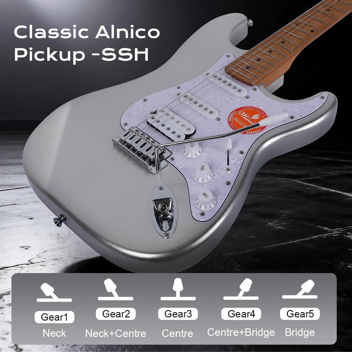 Electric Guitar Kit -39in Solid Body Starter Guitar Kit with Metallic finish, Guitar Case, Amplifier Gig Bag, Strings, Strap, Cable, Picks M100S (Silver)
